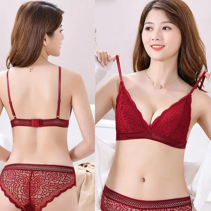 Lace Triangle Cup Padded Bra Women Embroidery Hollow Underwear Sexy Floral Deep V Brassiere Seamless Push Up Bralette Lingerie