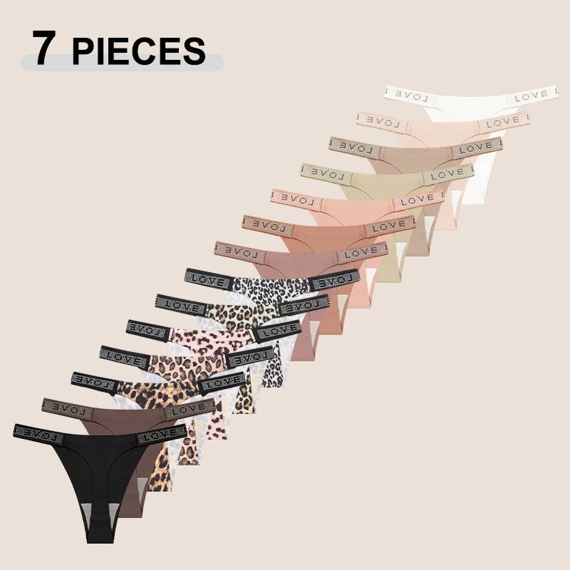 7Pcs/Set Printed Leopard Crystal Letter Thongs For Women Fashion Low Waist Soft Breathable Underpants Female Traceless G-string