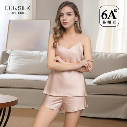 6A Thicken 100% Mulberry Silk Pajamas Women Summer Short Sets Pajamas Suit Set Female Two-piece Suit Short-sleeved Silk Home