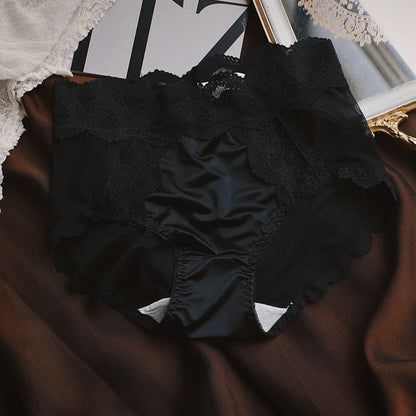 Women Luxury Lace Exquisite Sexy Mesh Transparent Satin Panties Elasticity Breathable Middle Waist Underwear Embroidery Breifs