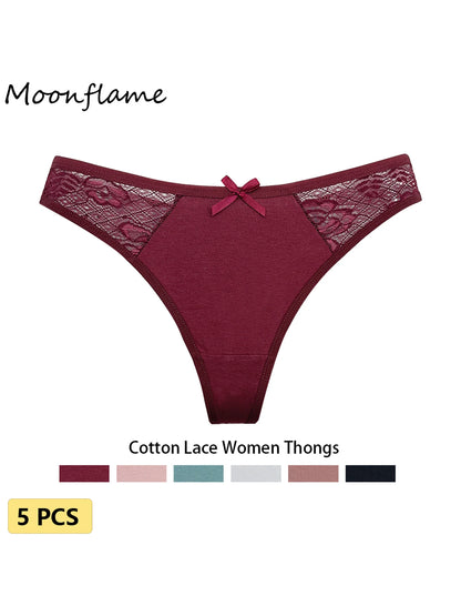 Moonflame 5Pcs Women Cotton Lace Thongs Sexy Low Waist Panties Solid Comfort Underwear Solid Breathable G-String Soft Lingerie