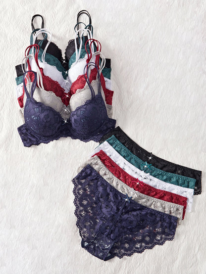 6-Piece Set Women's Bra and Panties Set Sexy Patterned Lace Patchwork No Lining Comfortable Fitting Women's Push up Bra Women's Underwear Set