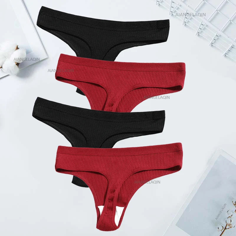4Pcs Women's Panties Fashion Striped Thongs Soft Cotton Underwear Ladies Sexy Lingeries Sports Breathable G-Strings Cozy T-Back