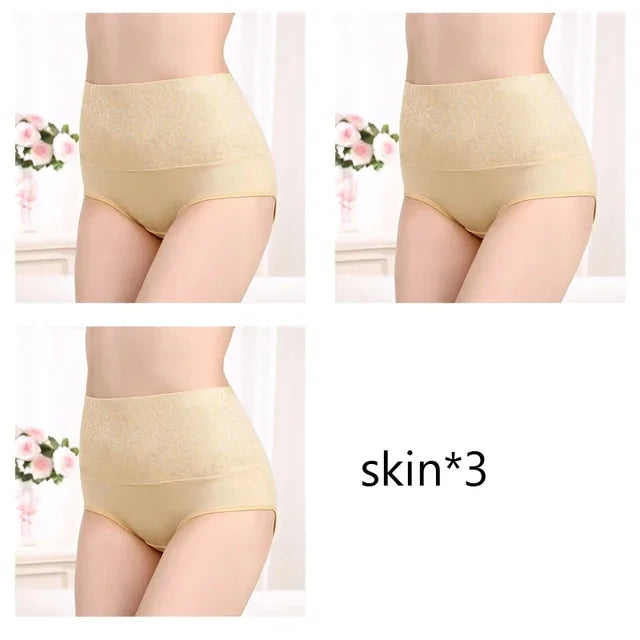 Plus Size Women's Cotton Underwear High Waisted Tummy Control Panties Full Coverage Briefs Jacquard Ladies Panty 3 Pack