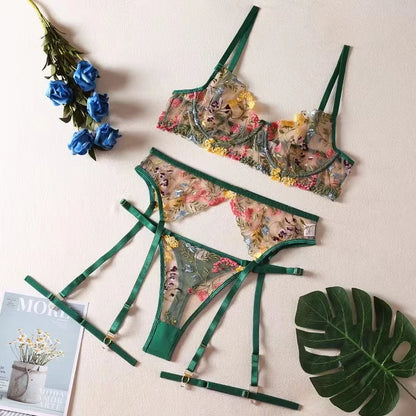 Brskbzda Lingerie Sensual Lace Underwear Transparent Embroidery 3-Piece Garters Fancy Beautiful Short Skin Care Kits Intimate
