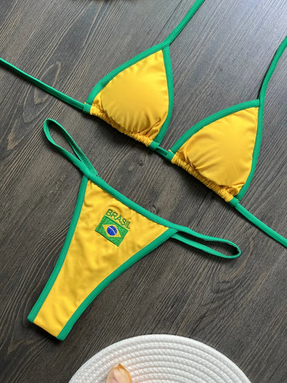 2026 Fashion Embroidery Brasil Flag Contrast Split Bikini Set Women Swimwear Patchwork Swimsuit Hottie Outfit SummerBeachwear