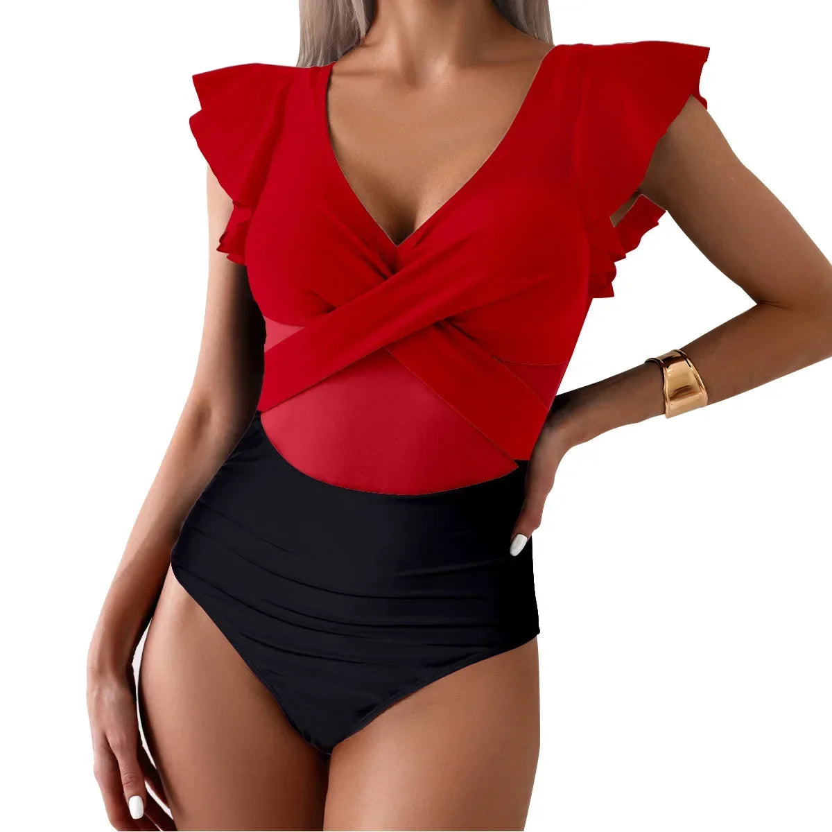 Women's Swimsuit 2024 Trend Tummy Control V Neck Sexy Bikini Ruched Bathing Suits Slim Fit Ruffle Sleeve Swimwear