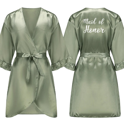 Grass Green Bride Satin-Silk Robe Women Bridal Party Sister Team Mother Shower Gift Bridesmaid Wedding Short Robes with Ruffle