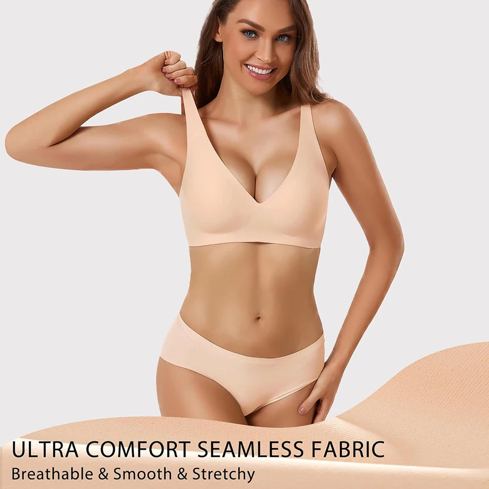 Jelly Wireless Bra Deep V Push Up Seamless T-Shirt Comfortable Plunge No Underwire Bras with Adjustable Straps Everyday Bras