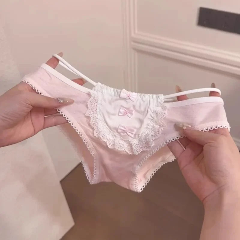 Women's Low Waist Breathable Pink Cute Cotton Panties Comfortable Student Briefs Sweet Bow Sexy Lace Underwear