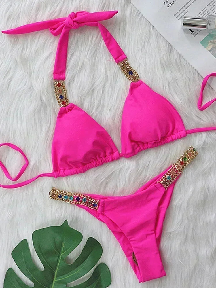 2025 Shiny Rhinestone Diamond Bikini Women Swimsuit Female Swimwear Two Pieces Bikini Set Halter Metal Chains Bathing Suit Swim