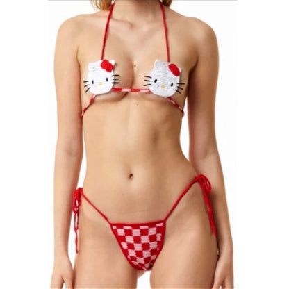 Sanrio Cute Bikini Set Crochet Girls Swimsuit Hello Kitty Sexy Bathing Suit Kwaii Women Swim Suit Bandage Micro Bikinis Swimwear