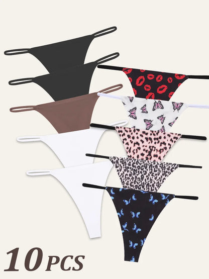 10Pcs Women Seamless Thongs Thin Strap Low Waist High Flexibility Panties Sexy Underwear Ladies Briefs T-back Comfortable Women