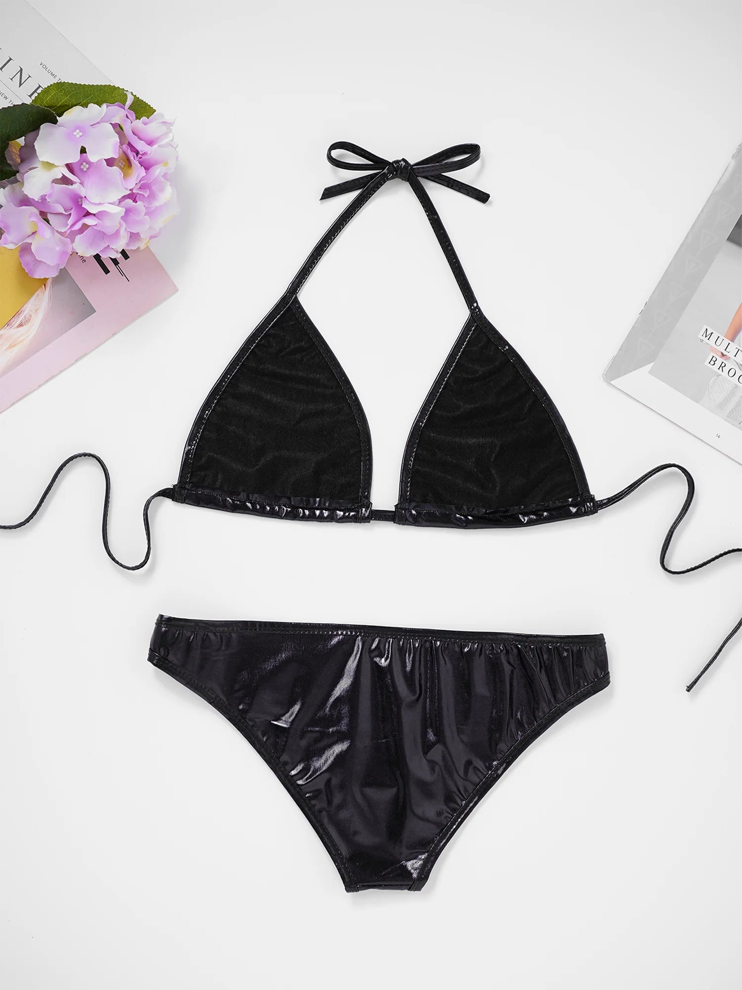 Womens Micro Bikini Set Shiny Metallic Bra Top with Thong 2 Piece Lingerie Set Extreme Swimwear Swimsuit Sexy Bathing Suit