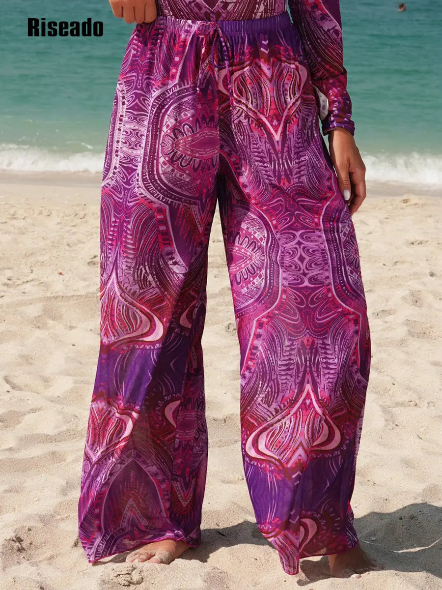 Riseado Mesh Swimsuit with Long Pants & Swimdress Long Sleeve Mesh Beachwear Sexy High Waist Bathing Suit Smart Beach Clothing