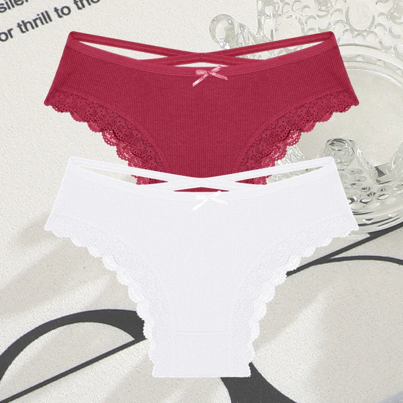 2PCS Cotton Panties for Women Sexy Lace Brazilian Briefs Female Low-Waist Cross Webbing Underpants Stretch Breathable Intimates
