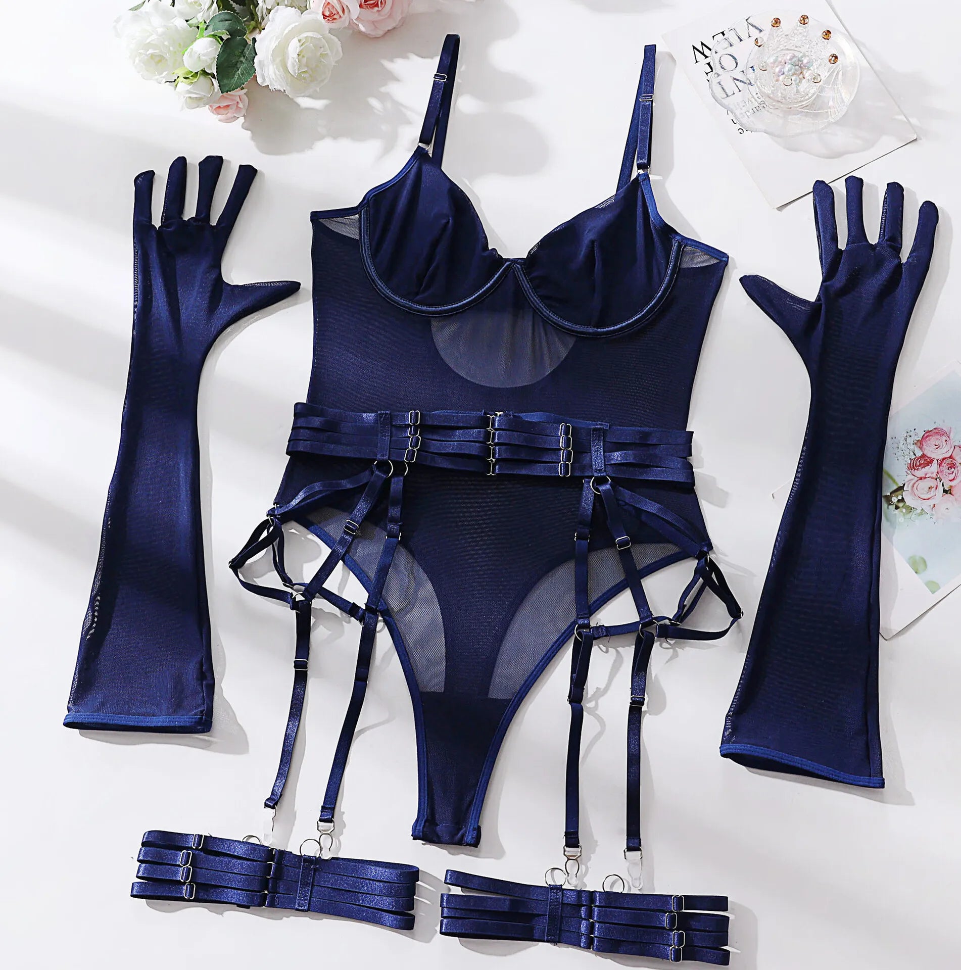 Bodysuit Sexy One-piece With Gloves Garters Mesh Women Rompers Clothing Body Suits Lace Jumpsuit Sweet Korean Women EV5W
