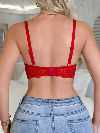 Elegant Lace Trim Women's Bra Sexy Plunge Push Up Bra Trendy Underwire Lingerie Underwear