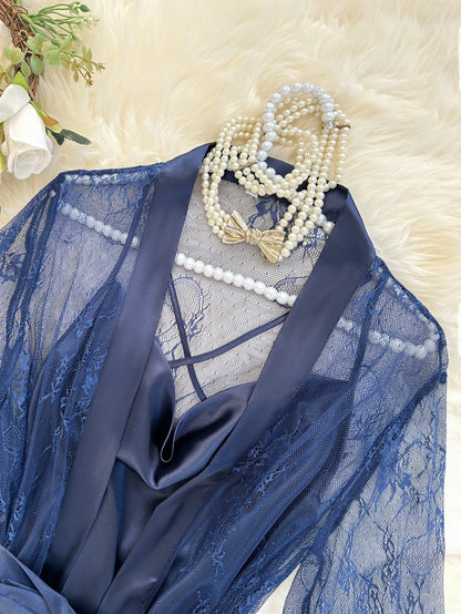Sexy Elegant Pure Color Mesh Nightgown Set Transparent Lace Robe Sleepwear Casual Comfortable Women's pajamas