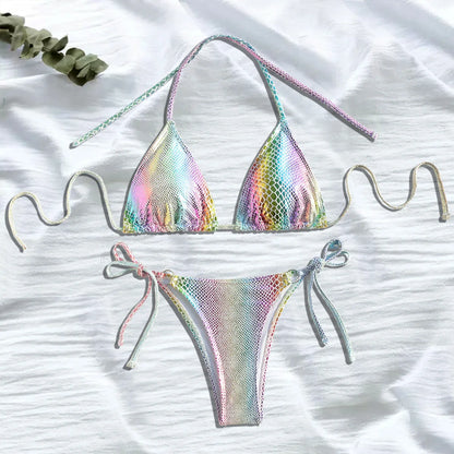 sexy glitter multi color sequin micro mini bikinis sets two pieces halter tie swimsuits beachwear bathing suit swimwear biquini