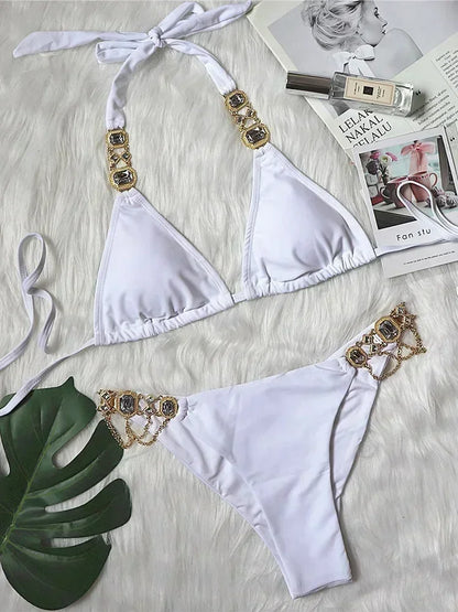 2025 Shiny Rhinestone Diamond Bikini Women Swimsuit Female Swimwear Two Pieces Bikini Set Halter Metal Chains Bathing Suit Swim