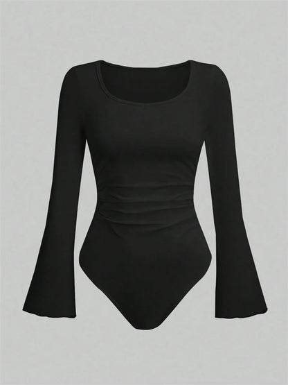 Women's Solid Color Ruffle Hem Flare Long Sleeve Bodysuit Autumn Winter 2024 Round Neck Plain Ruched Slim Fit Romper Top