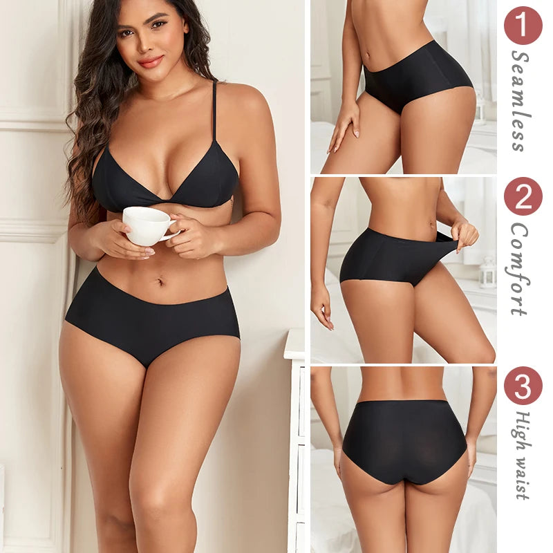 4PCS/SET Plus Size Underwear Women's Panties Ice Silk Solid Color Ladies Seamless Underpants High Waist Sexy Breathable Lingerie