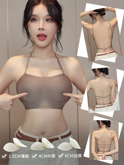 MOYISU Backless Push Up Bra - Thick Padded Straps Dress Essential, Exposed Shoulder Straps Enhancer for Small Bust Sexy Bralette