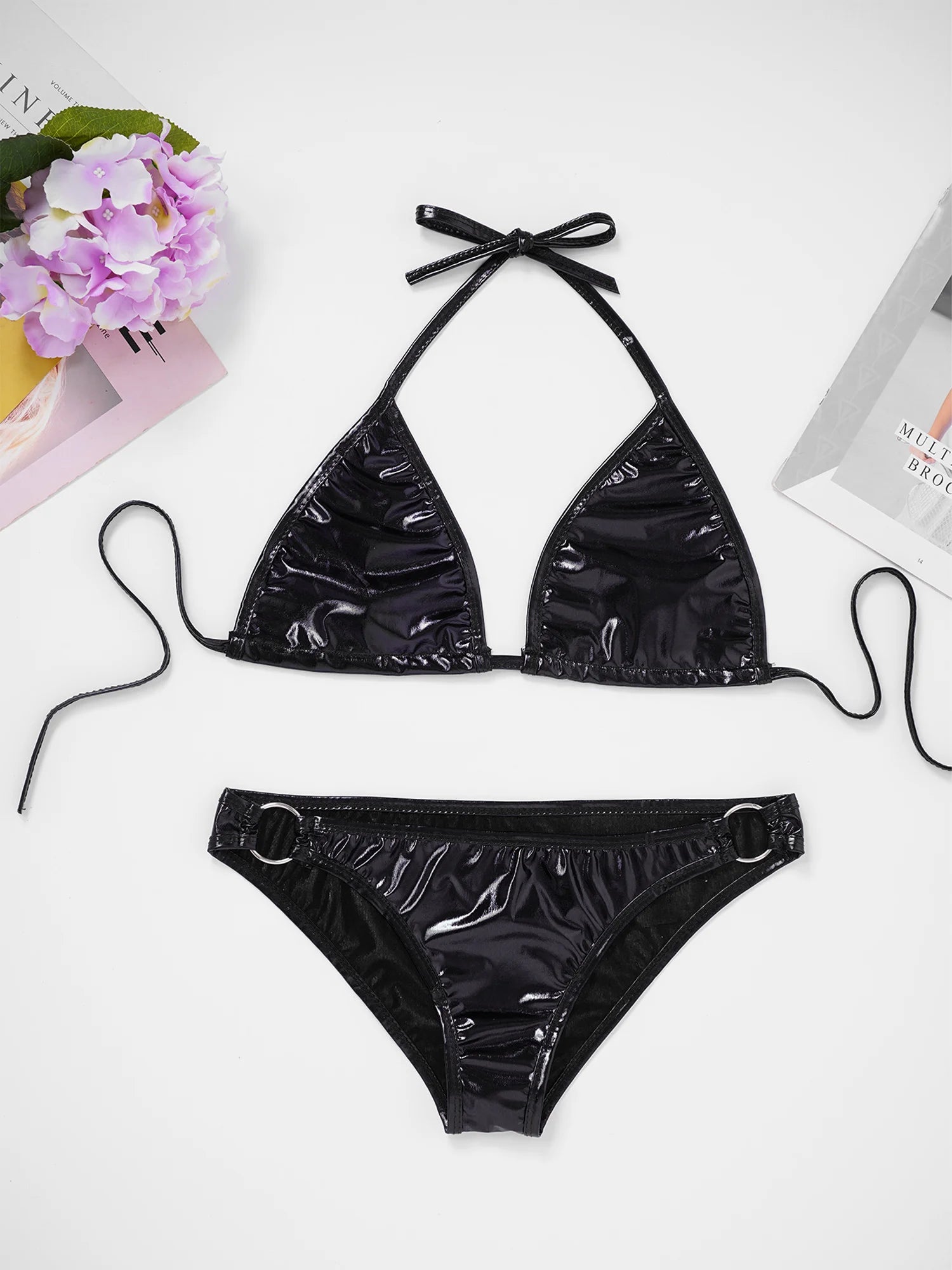 Womens Micro Bikini Set Shiny Metallic Bra Top with Thong 2 Piece Lingerie Set Extreme Swimwear Swimsuit Sexy Bathing Suit