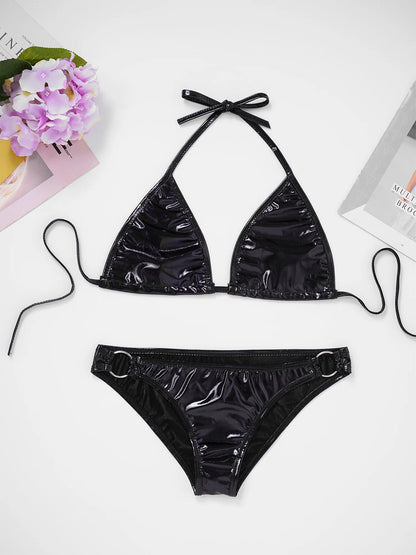 Womens Micro Bikini Set Shiny Metallic Bra Top with Thong 2 Piece Lingerie Set Extreme Swimwear Swimsuit Sexy Bathing Suit