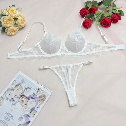 White Sheer Lace Lingerie Set Women Sexy Underwire Push-up Bra Thong Set Floral Pattern Thin Straps Romantic Elegant Underwear