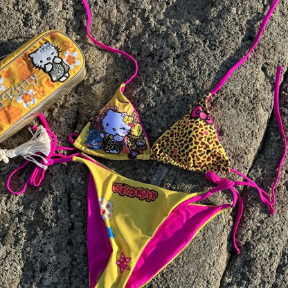 Kawaii Japanese Kitty Hot Girl Split Strap Summer Bikini Girls Seaside Fashion Resort Swimsuit Leopard Print Cartoon Hello Kitty