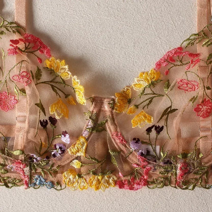 2025 Floral Embroidery Lingerie Set Women Sheer 2-Piece Boho Bra + Panty Underwear Set Intimates