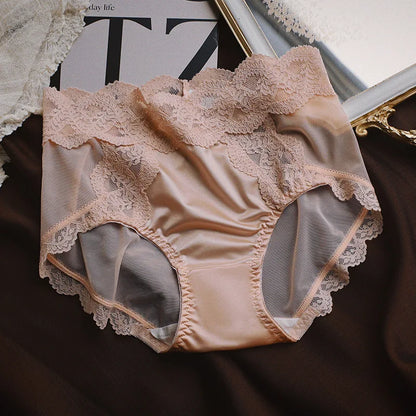 Women Luxury Lace Exquisite Sexy Mesh Transparent Satin Panties Elasticity Breathable Middle Waist Underwear Embroidery Breifs