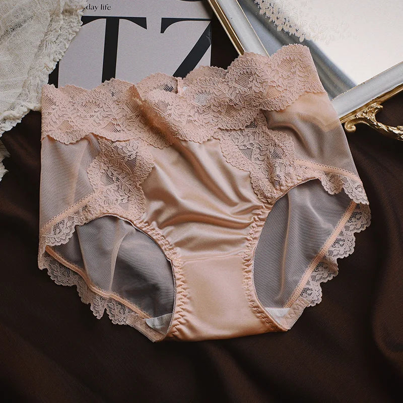 Women Luxury Lace Exquisite Sexy Mesh Transparent Satin Panties Elasticity Breathable Middle Waist Underwear Embroidery Breifs