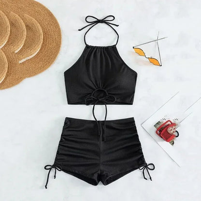 Brown Ribbed Swimwear Shorts Swimsuits Women Halter Bikinis Sets String Drawstring Bathing Suit Beachwear Sexy Bikini 2026 Mujer