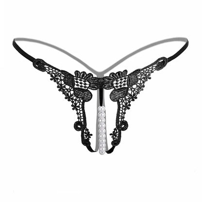Women Sexy Underwears Female Transparent Hollow Out Temptation Pearl Massage Open File Thong Thin Perspective Embroider T-shaped
