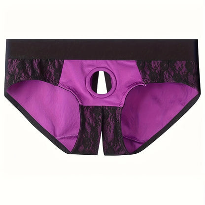 Purple Lace Low-Rise Briefs with Sexy Cut-Out Detail - 1.77inch(4.5cm) Silicone O-Ring Stretch Nylon Strap On Harness Briefs