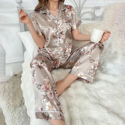 Women's Pajamas Elegant Satin Sleepwear Pj Set Flower Print Short Sleeve Buttons Lapel Tops & Long Pants Nightwear Home Clothes