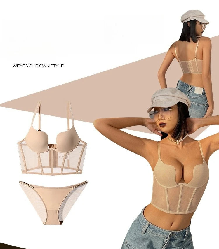 Women Push Up Bra Sets Transparent Lingerie Sexy Shaper Bra Beauty Back Comfortable Underwear Adult's Fishbone Gauze Bralette