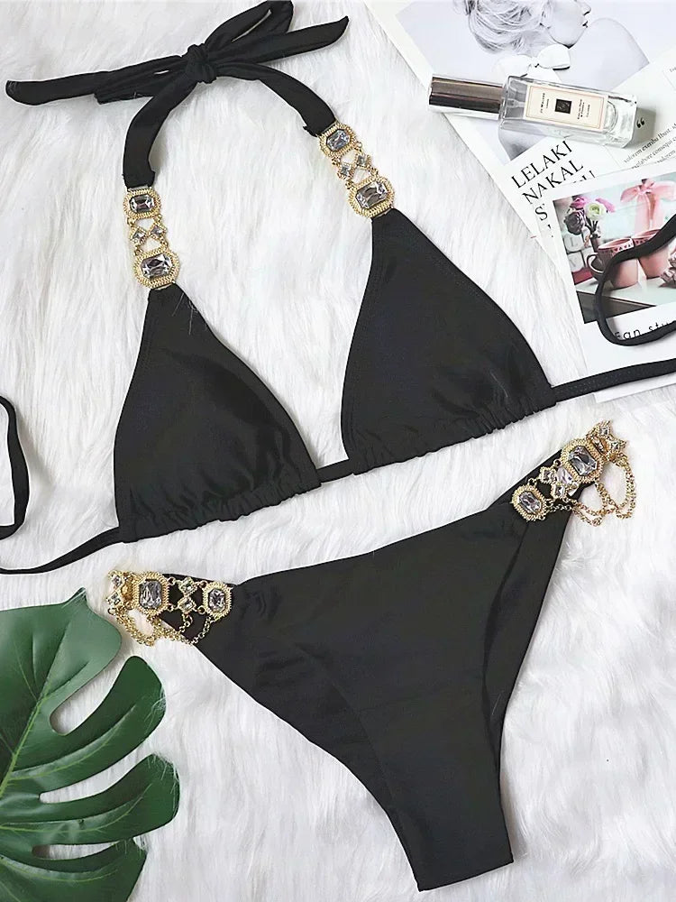 2025 Shiny Rhinestone Diamond Bikini Women Swimsuit Female Swimwear Two Pieces Bikini Set Halter Metal Chains Bathing Suit Swim