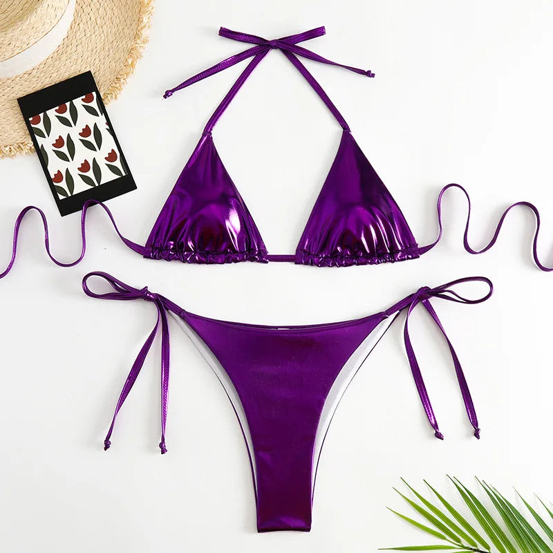 sexy metallic string halter micro mini bikini sets two pieces 2024 women thong swimsuit female bathing suit swimwear biquini