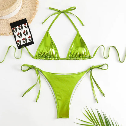 sexy metallic string halter micro mini bikini sets two pieces 2024 women thong swimsuit female bathing suit swimwear biquini