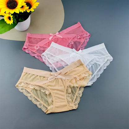 3 Pieces Hot Comfortable Mesh Briefs Women Sexy Seamless Lace Trim Underwear Cute Bow Ladies Breathable Briefs Plus Size