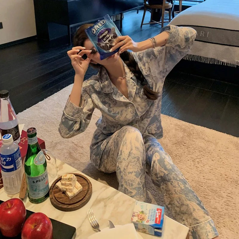 2023 Autumn New Ice Silk Women Pajama Lapel Button Cardigan Outfits for Women 2 Piece Set Fashion Printing Set Clothes for Women