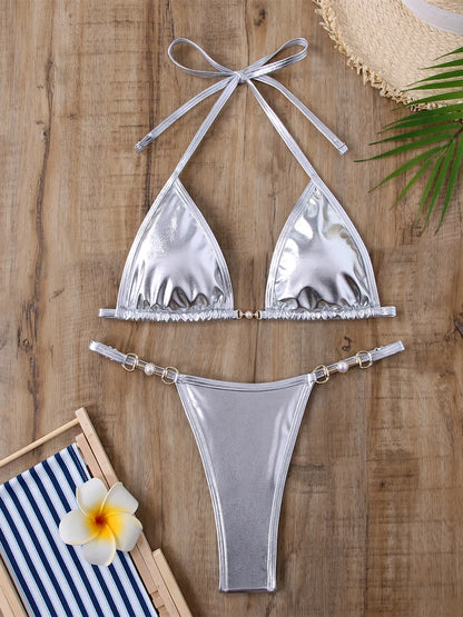 Shiny Pink Micro Bikini 2025 Mujer Women Sexy PU Pearls Push Up Thong Swimsuit Summer Bathing Suit Bandage Holiday Swimwear