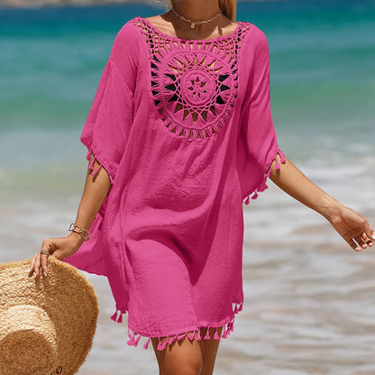 Holiday Knitting Crochet Beach Short Cover Ups Dress Splicing Solid Color Beachwear Small Tassel Sunscreen Sexy Beach Smock