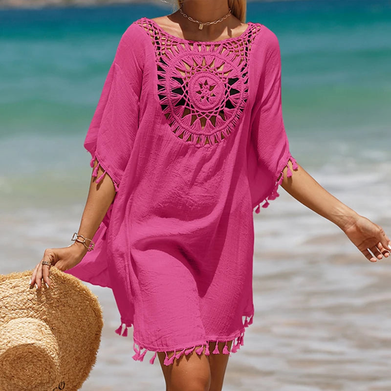 Holiday Knitting Crochet Beach Short Cover Ups Dress Splicing Solid Color Beachwear Small Tassel Sunscreen Sexy Beach Smock