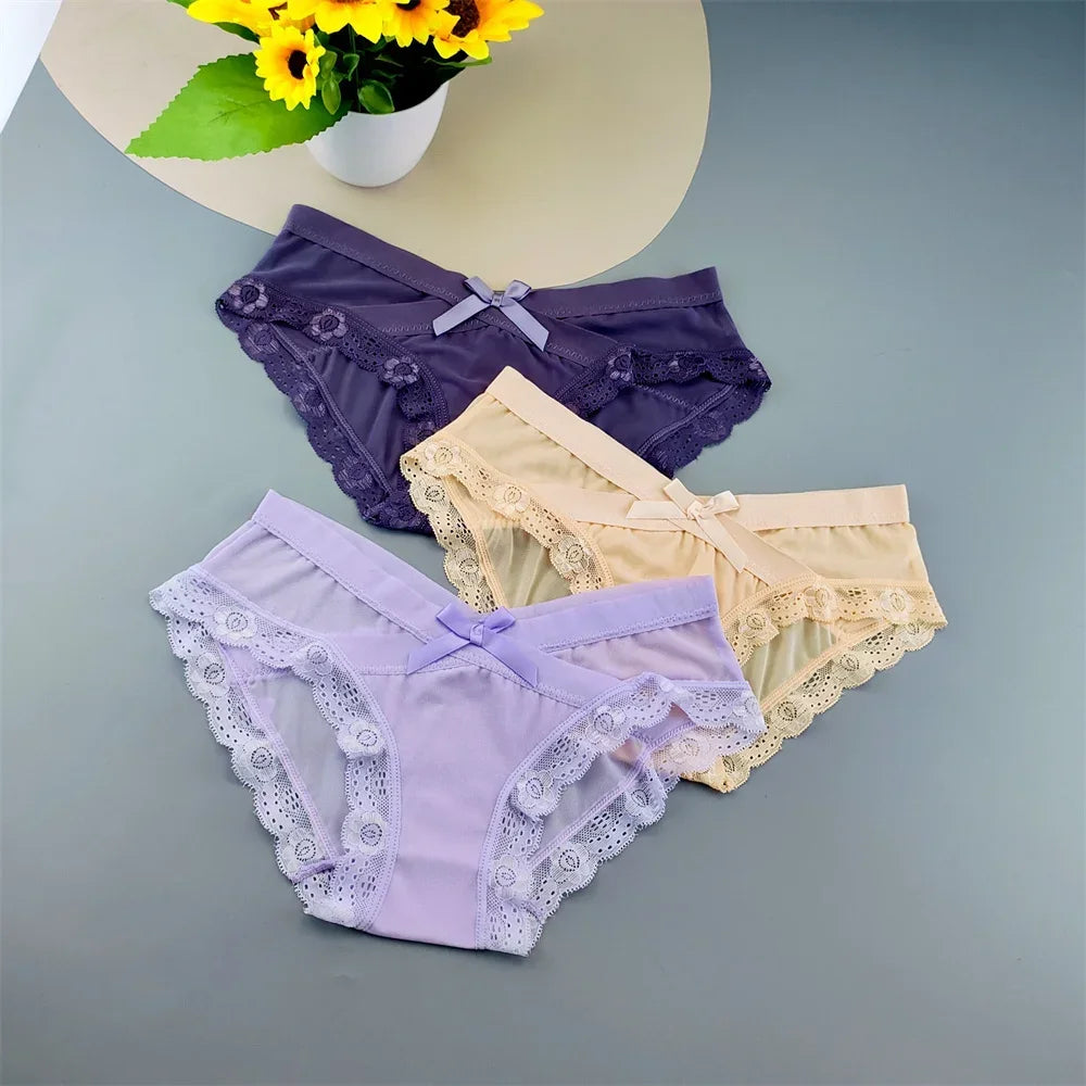 3 Pieces Hot Comfortable Mesh Briefs Women Sexy Seamless Lace Trim Underwear Cute Bow Ladies Breathable Briefs Plus Size