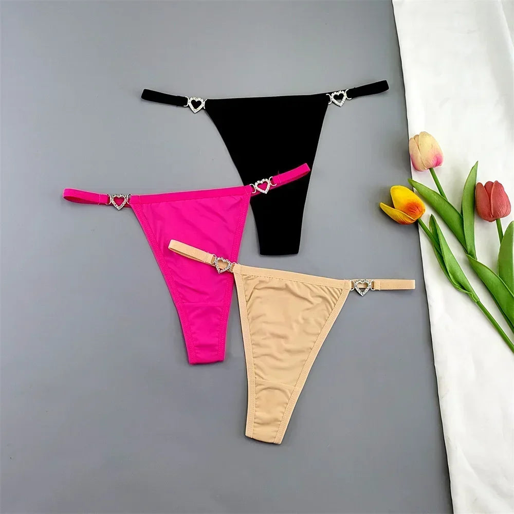 3 Pcs Thin Strap Nylon Thong Women Low Waist Sexy Rhinestone Buckle Underwear Ladies Seamless Ice Silk G-string Panty Plus Size